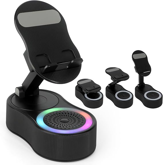 Cell Phone Stand with Wireless Bluetooth Speaker - Induction Speaker with Adjustable Phone Holder, Wireless Induction with Charging Compatible with Android ipad Samsung Tablet (Black)