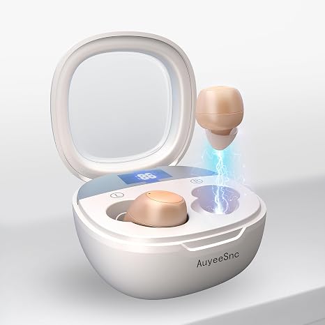 OTC Hearing Aids for Seniors Rechargeable Hearing Amplifiers with Noise Cancelling for Mild to Moderate Hearing Loss, In Ear Nearly Invisible, Auto On/Off, Memory Functions, Portable Charging Case, LED Display Elderly-Friendly