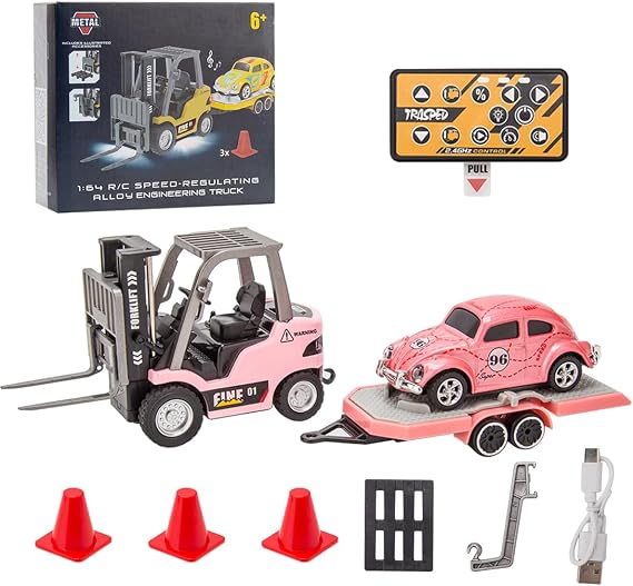 Mini RC Forklift Truck, 1/64 Scale 2.4G Mini Alloy RC Forklift Truck with Wireless Controller, Cargo Hook, Forks and Pallet, Engineering Construction Vehicles for Adults and Youth