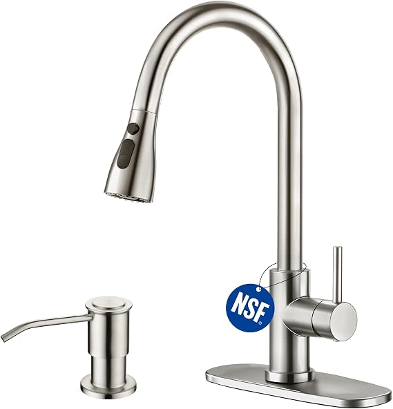 CREA Kitchen Faucet with Soap Dispenser,Brushed Nickel Kitchen Faucet with Pull Down Sprayer,High Arc Kitchen Bar Sink Faucet Single Hole,Single Handle Utility Faucet for Laundry Sink