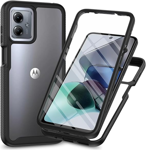 Motorola Moto G14 Case with Built-in Screen Protector, 360 Full Body Protective Cover Heavy Duty Anti-Scratch Shockproof Slim Silicone Bumper Clear Phone Case for Motorola Moto G14, Black