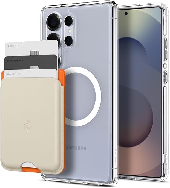 Spigen Ultra Hybrid MagFit (Clear White) Designed for Galaxy S25 Ultra Nano Pop (MagFit) Wallet Card Holder (Orange Beige)