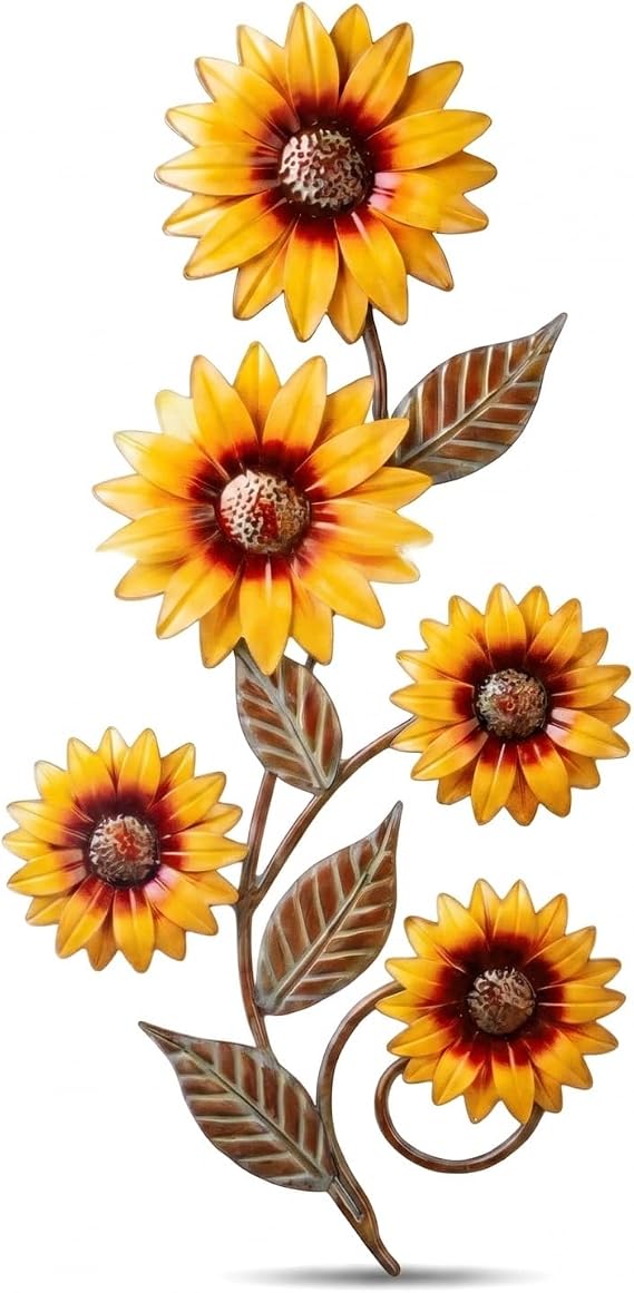Solvio Metal Sunflower Wall Art Decor, Rustic Garden Ornaments Outdoor Wall Decorations for Patio, Fence, Porch, Kitchen Wall Art, Living Room and Farmhouse, Easy to Hang Yellow Floral Hanging Decor