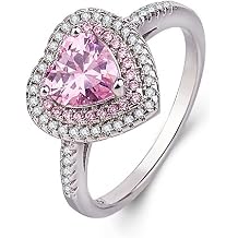 925 Sterling Silver Shiny Full Diamond Ring Pink Heart Rings for Women 14K White Gold Plated Cubic Zirconia Diamond Rings for Her Promise Wedding Engagement Ring for Girls Mothers Day Size Q