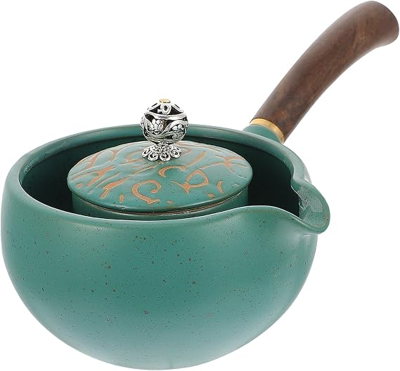 Ceramic Japanese Kyusu Tea Kettle with Side Handle, Infuser Filter, and Wooden Grip for Loose Leaf Tea, 7.87 X 3.93 X 2.95 Inches, Green