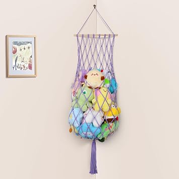 Stuffed Animal Storage Net, 68 Inch Jumbo Macrame Vertical Stuffed Animals Hammock Corner, Wall Ceiling Hanging Stuffy Hammock Plushie Holder Display for Kid Boy Girl Gift Boho Nursery Decor (Purple)