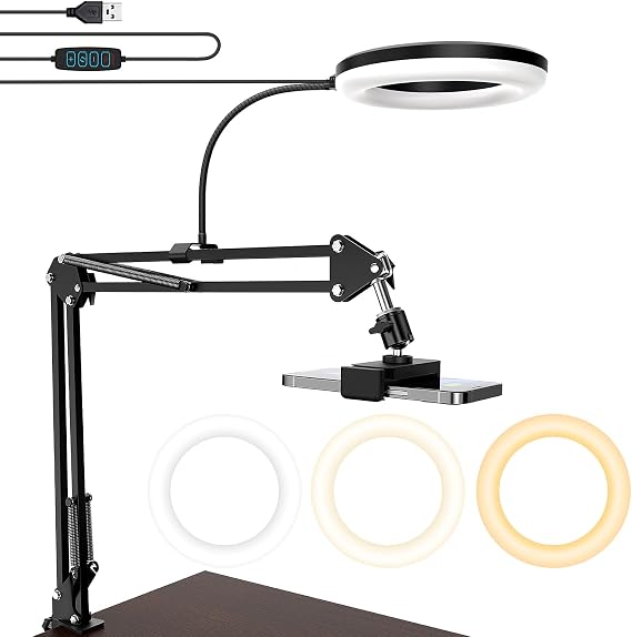 Overhead Camera Mount with Ring Light, 6 Overhead Phone Mount Compatible with iPhone Camera Webcam, Articulating Arm Phone Mount for YouTube Live Stream Cooking Nail Video Recording