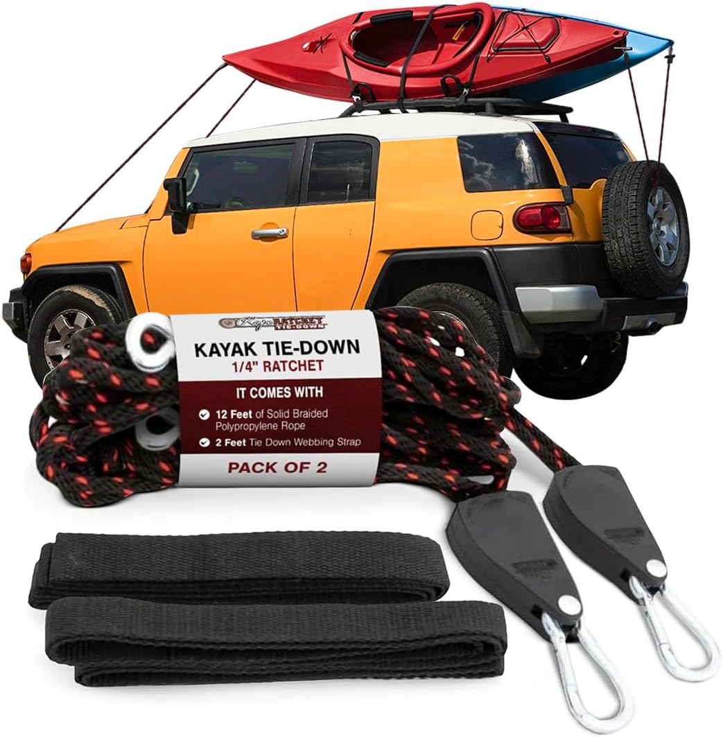 Rope Ratchet 10019 Kayak Tie Down Straps – 12 Solid Braided Polypropylene Rope with 14 Ratchet, Heavy Duty Cam Strap for Roof Rack, Canoe, Kayak, and Cargo, 150 lbs Capacity, Lashing Strap 2-Pack