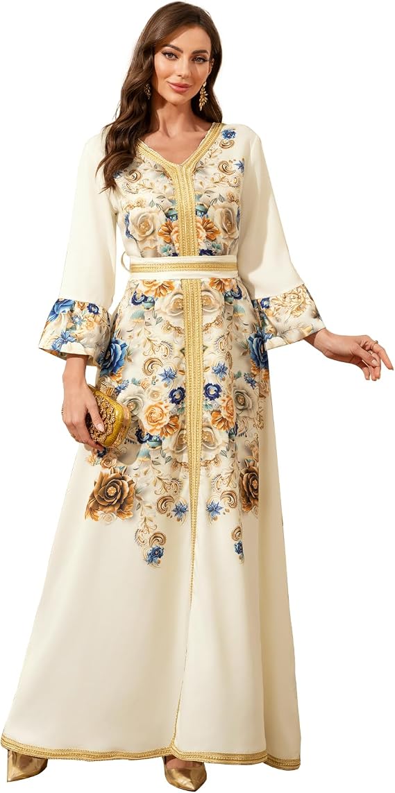 Middle Eastern Modest Maxi Dress - Muslim Moroccan Kaftan Abaya for Women Gold Embroidered Eid Dress Islamic Traditional Wear