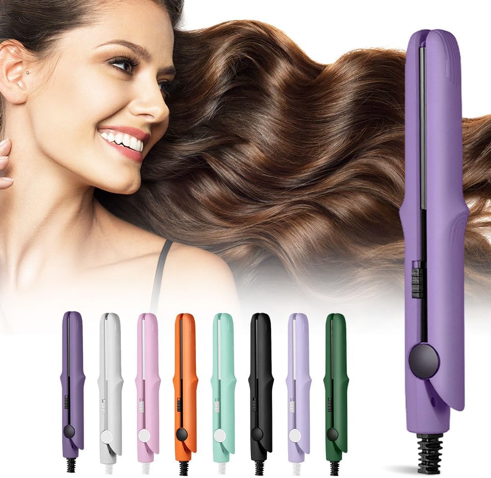 Dualglam Mini Dual-Purpose Curling Iron, 2025 New 2 in 1 Mini Curling Wand & Flat Iron Hair Straightener, Portable Travel Curling Wand Hair Straightener for Short Hair All Types Purple