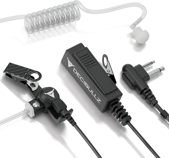 Decibullz 2-Way Surveillance Acoustic Tube Headset, M1 Earpiece Audio Set Compatible with Motorola 2-Pin (2.5mm & 3.5mm) M-Plug Jack Connector, Inline PTT Mic, Clear Coil