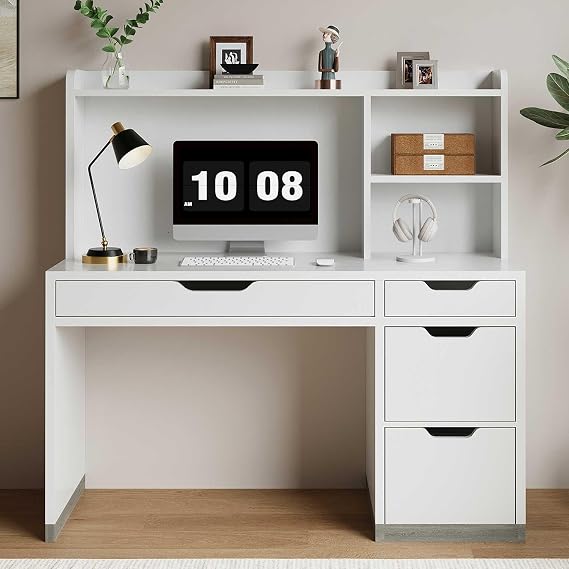 MaverickFurni 53 Inch White Desk with Hutch and 4 Drawers