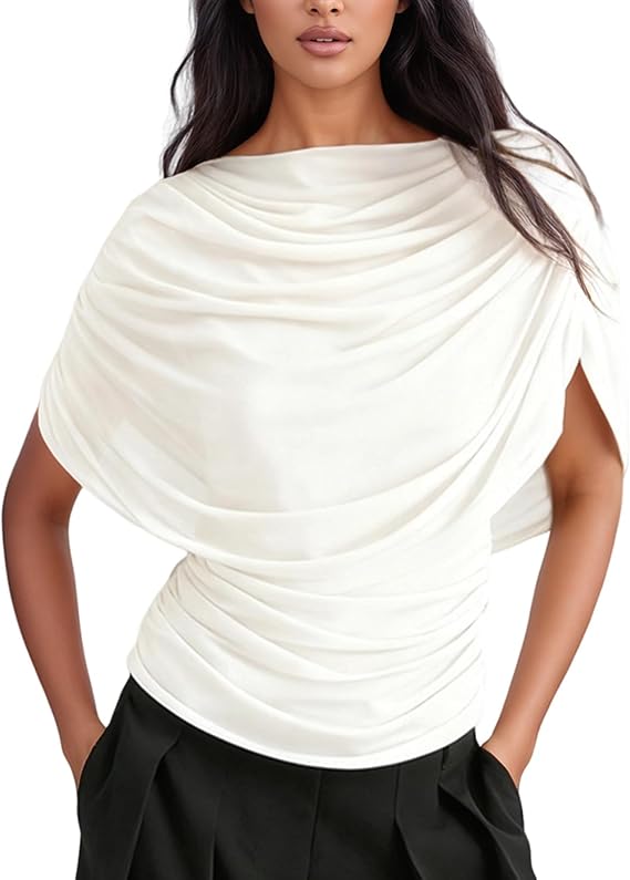 Womens Off The Shoulder Ruched Tops Draped Cap Sleeve Mesh Y2K Shirts