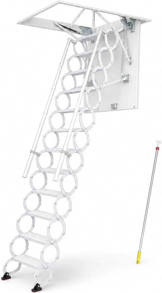 Ceiling Mount Attic Ladder, Retractable Attic Ladder Ceiling Pull Down System, 12 Steps Folding Loft Step with Armrests, Hidden Mount Attic Extension Stairs for Garage(White, Step 12)