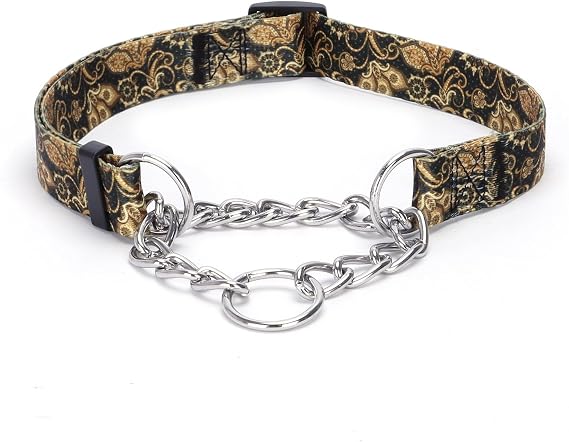 Martingale Dog Collar - Stainless Steel Chain, No Pull Training Collar with Flower Design for Large Medium Small Dogs (L, Gold)