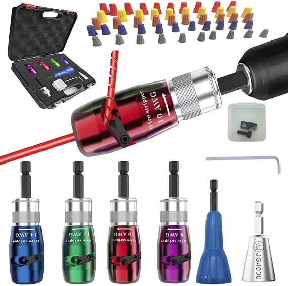 Upgraded version of the drill wire stripper, the wire stripper tool for AWG, for gauges 14-12-10-8AWG, the kit also  with a wire merger, wire nut twister and 50 connectors.