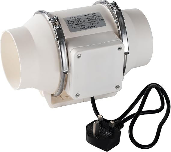 Inline Bathroom Extractor Fan 100mm/4 Inch, In-line duct fan mixed flow 220m3/hour