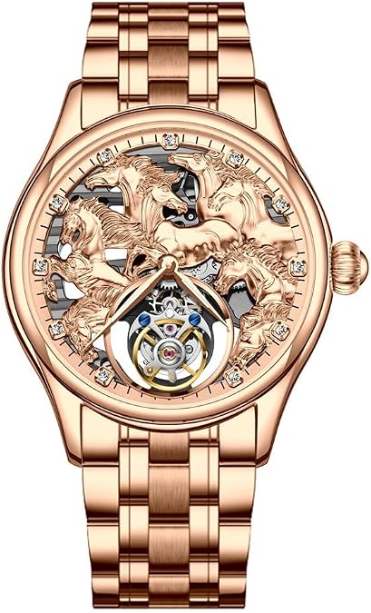 Flying Tourbillon Mechanical Hand Wind Watch Men Skeleton Diamond Dial Wristwatch Sapphire Double-Sided Hollow Clock Chinese Zodiac Horses Pattern Meaning Success Bright Future