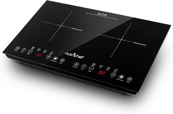 NutriChef Induction Hob 2 Plates Ceramic Hob 60 x 36 cm Hob 2 Hobs Mobile Electric Hob Made of Glass Ceramic Induction Plate with Timer Child Safety Touch Control & Display 1800 W