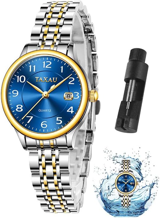 Taxau Armbanduhr Damen Edelstahl Kleine Damenuhr mit Arabischen Ziffern Quarzuhr Damen mit Datum Easy Read Zifferblatt 3 Bar Wasserdicht Elegante Uhr für Frauen