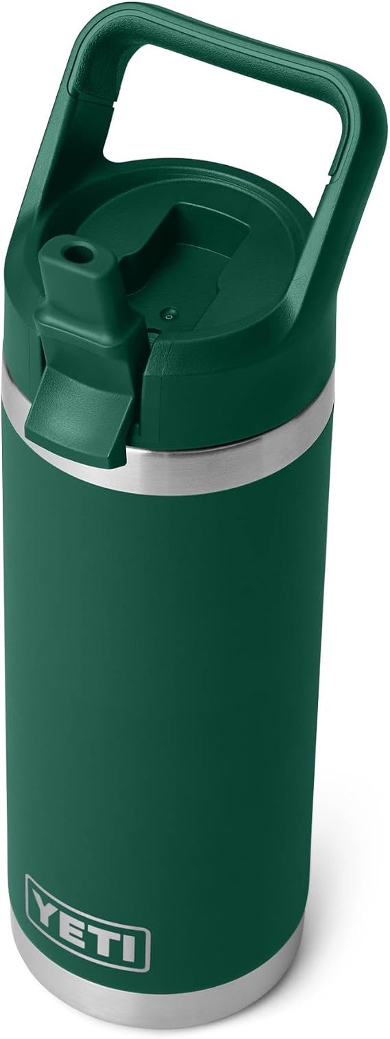 YETI Rambler 18 oz (532 ml) Stainless Steel Water Bottle with Straw Cap (Black Forest Green) – Insulated Drinks Bottle with 100% Leakproof Straw Cap –