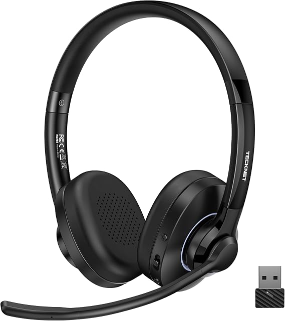 TECKNET Bluetooth Headset Wireless Headset with AI Call Noise Cancellation,Bluetooth 6.0/USB-A On-Ear Headphones,50H Playtime & Mute,Wireless Headphones with Mic for Trucker Cellphone Office