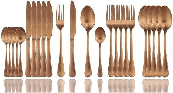 JASHII 24 Pieces 304 Stainless Steel Rose Cutlery Set Home Kitchen Silverware Set, Matte, Knife/Fork/Spoon, Modern Elegant Silverware Set for Party, Christmas (Rose full)