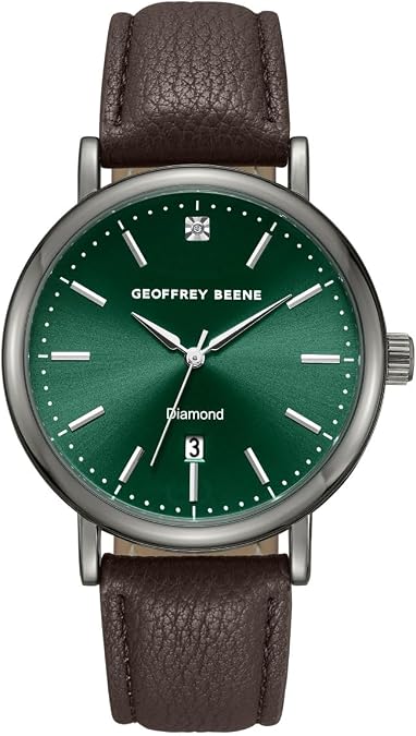 Geoffrey Beene Mens Round Gunmetal Watch 41mm Green Sunray Dial PU Strap Diamond Accent