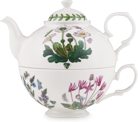 Portmeirion Botanic Garden Tea Set - 12oz Teapot & Teacup with Assorted Floral Motifs - Durable Porcelain Tea Set for Afternoon Tea - Chip-Resistant Glaze, Microwave, Dishwasher & Freezer Safe