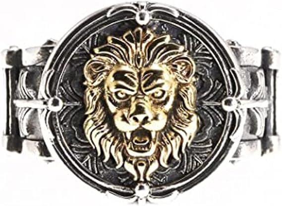 Sterling Silver 925 Men's Lion Ring Retro Punk Retro Motorcycle Ring Men's Leaf Jewelry, Adjustable [Energy Class A]