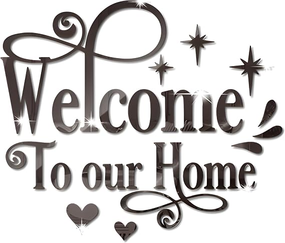 Welcome to Our Home Wall Decor Sticker, Home Acrylic 3D Mirror Wall Decal, Removable Art Letter Sign, Wall Door Quote Decoration DIY for Living Room Bedroom Sofa TV Background (Black)
