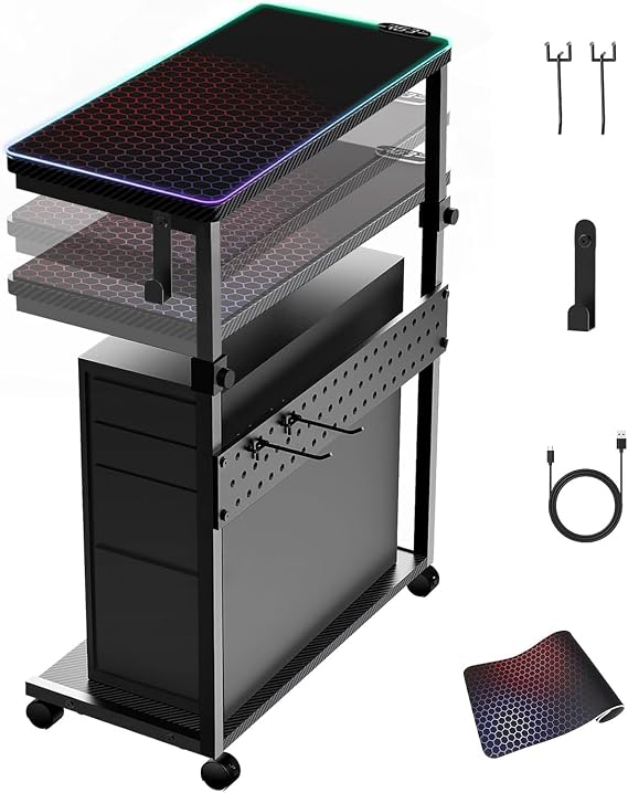 Ergonomic Computer Tower Stand, Height Adjustable 2-Tier PC Stand, Computer Cart & Machine Stand, Metal w/ Rolling Wheels Fits Most PC and Lightning Pegboard Pad for Home Office and Gaming