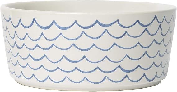 Waggo Ceramic Dog Bowl Blue & White Wave Pattern Pet Food & Water Bowl Durable, Dishwasher Safe Modern Dog Dish (Medium)