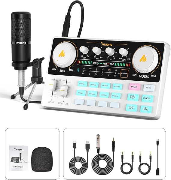 MAONO Podcast Equipment Bundle with Audio Mixer & 3.5mm Mic for Streaming | All-in-one audio production, PC and smartphone-compatible, 4 custom soundpads, for creators, home podcast setup AU-AM200-S1