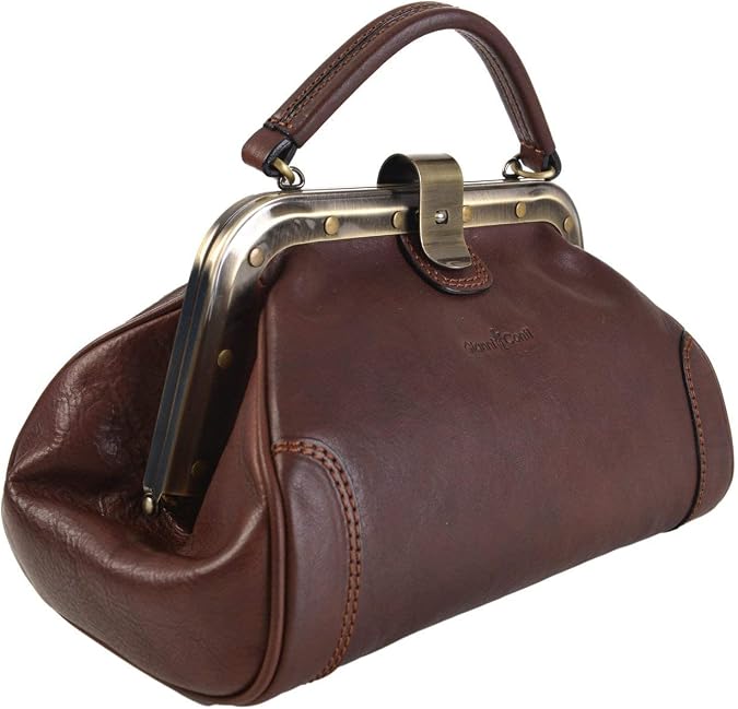 Gianni Conti Melania Gladstone Leather Handbag – Grab Bag with Top Handle and Crossbody Strap, Vintage Frame Doctor Style Handbag for Women