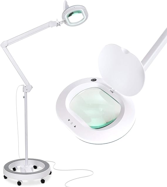 Brightech LightView Pro Magnifying Glass with Stand and Light Magnifying Floor Lamp with 6-Wheels on a Sturdy Base for Facials LED Work Light with XL Magnifier Glass for Crafts and Projects