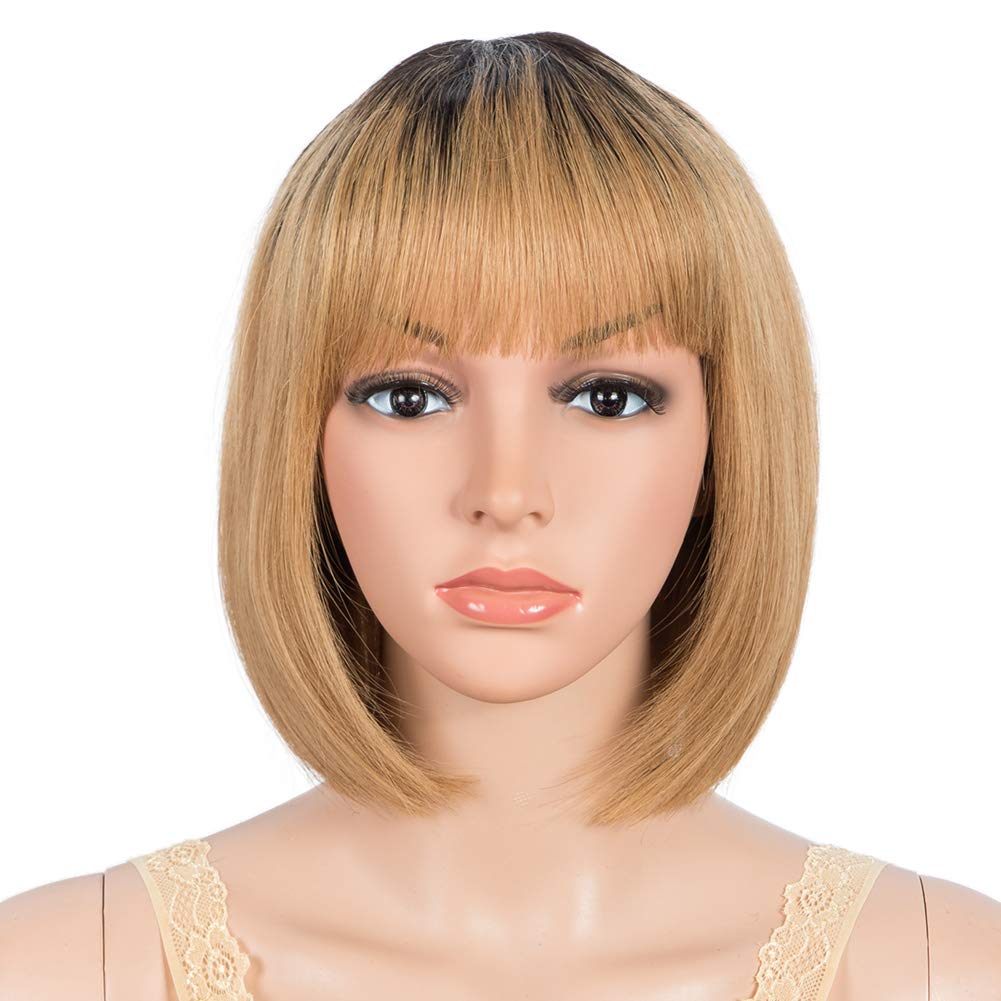 Straight Bob Wigs with Bangs 8 Inches Honey Blonde Ombre Wig for Women Short Human Hair Wig TT1B27