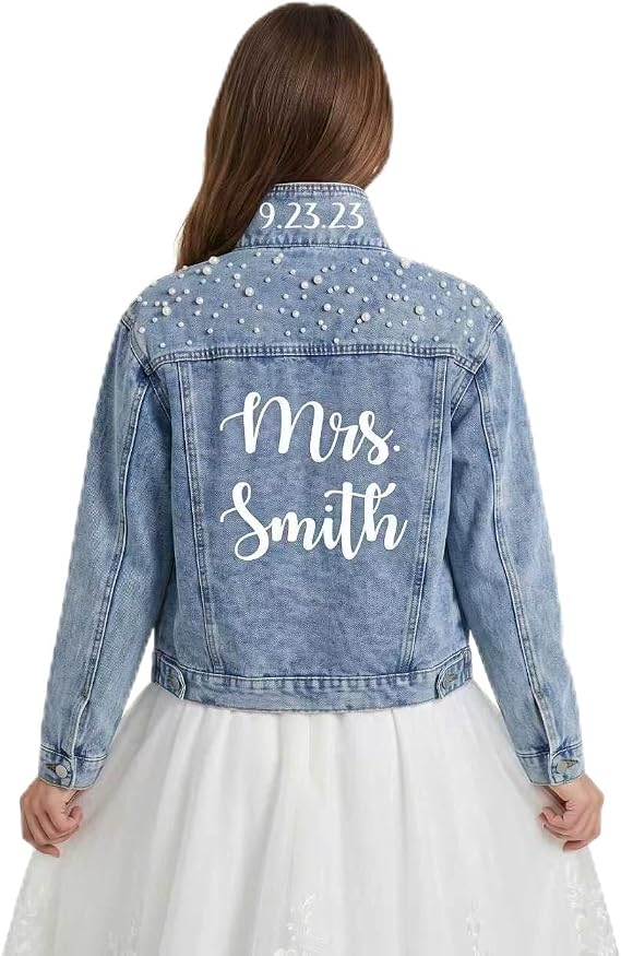 Personalized Bride Pearl Denim Jacket For Wedding,Birthday Gift