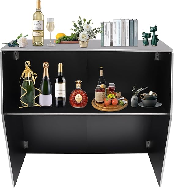Portable Bar,4' Foldable Bartender Table Mobile Bartender Station with Top and Middle Shelves Portable Bar Table for Events Parties Picnics (Black and Silver)