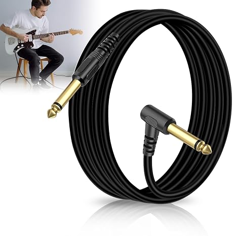 Guitar Cable 3M, Instrument Lead with 6.35mm (1/4") Straight to Right Angle Jack Plugs, Gold-Plated Amp Cord for Electric Guitar, Bass, Keyboard (Straight- Right Angle), Black