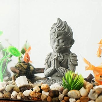 Aquarium Statue Monkey King Asian Buddha Decorations for Tank Collectible Figurines Sun Wukong Solid Decor Ornament Cement Fish Safe