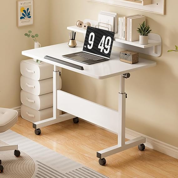Small Standing Desk, Foldable Stand Up Desk with Wheels Mobile Computer Table Adjustable Height Desktop Sit Stand Table Workstations for Small Spaces and Home Offices(White)