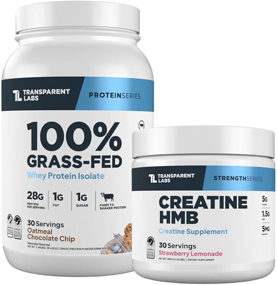 Transparent Labs Grass-Fed Whey Protein Isolate (30 Servings, Oatmeal Chocolate Chip Cookie) & Creatine HMB (30 Servings, Strawberry Lemonade)