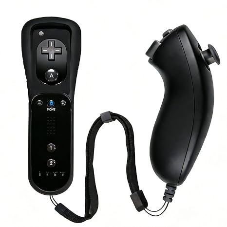 Funmo Set of 2 Wii Controller Remote with Nunchuck Wii ControllerRetro Wii Remote Controller und Nunchuck Controller kompatibel mit Wii/Wii U inklusive Silikonhülle und Handgelenkband (Schwarz)