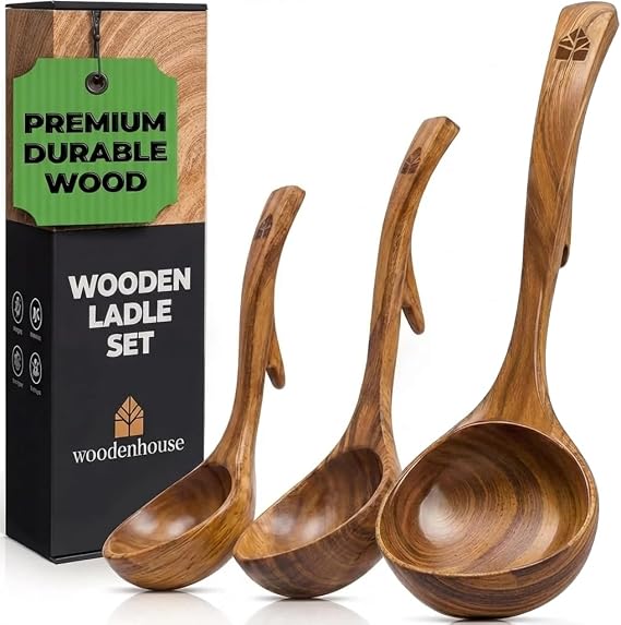 Wooden Ladle for Soup, 3 Size Teak Wood Ladle Spoon with Back Hooks for Pot & Bowl, Non-Stick Wooden Spoon Set for Cooking, Serving and Stirring