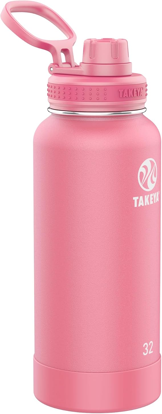 Takeya Actives Water Bottle with Spout Lid - Bottle with Double Stainless Steel Insulation - Dishwasher Safe & BPA-Free - Bottle with Spout Lid & Removable Bumper - 32 oz, Pink Mimosa
