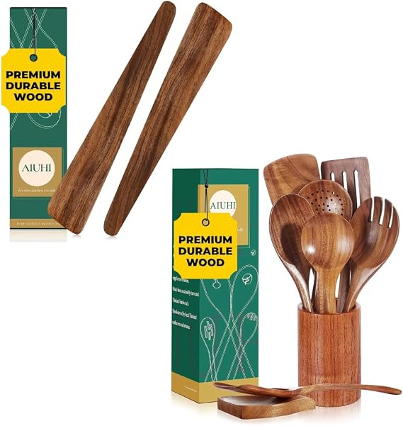 AIUHI Teak Wood Kitchen Utensil Set 11PCS, Wooden Cooking Utensils for Nonstick Cookware, Includes Spoons, Spatulas, Strainer Spoon, Salad Fork, Holder & Spoon Rest