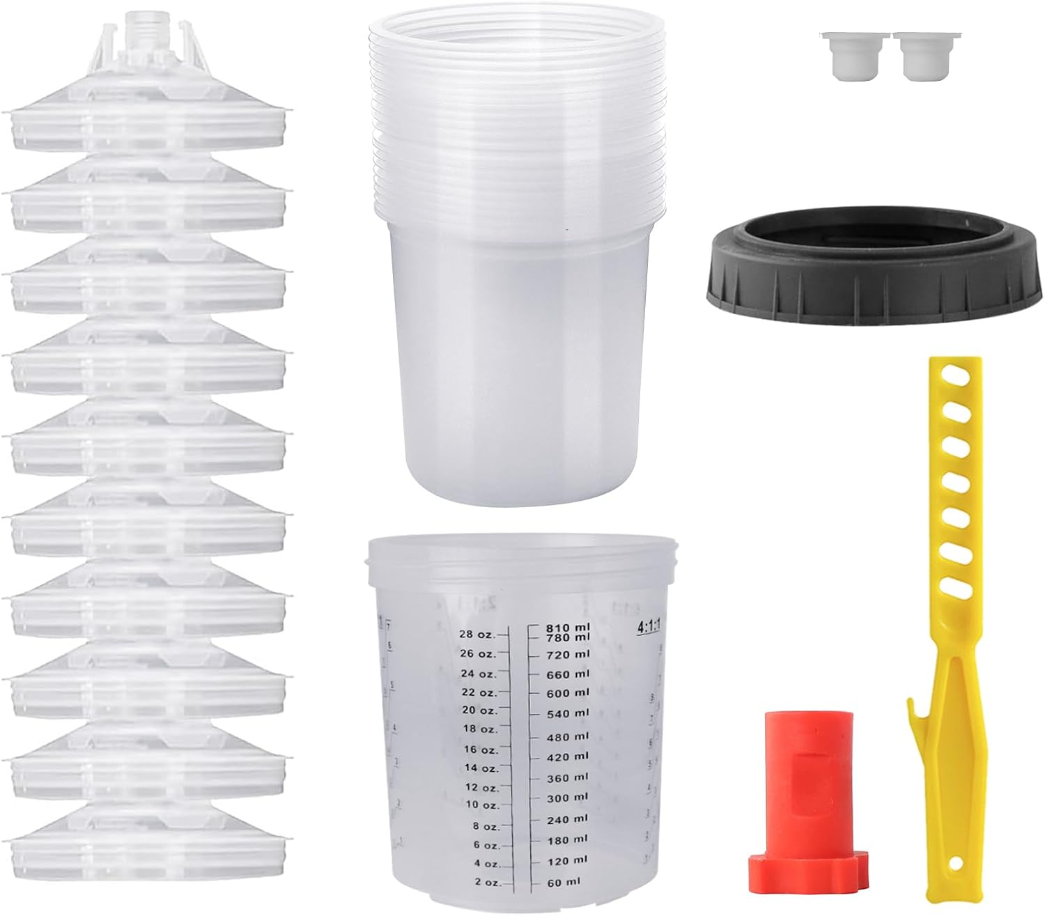 Disposable Paint Mixing Cup 27 Ounce 800ml Kit,HVLP Paint Sprayer Gun Mixing Cups with 10 Cups and Lids System, 2 Plugs and 1 Hard Cup with Retainer Ring,Paint Stirrer 10