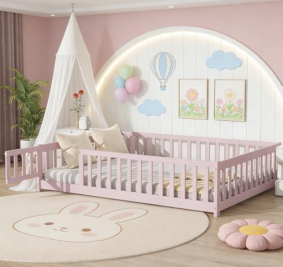 Bellemave Full Size Montessori Floor Bed with Rails, Pine,Rubber Wood Floor Bed with slats and a Small Door, Pink