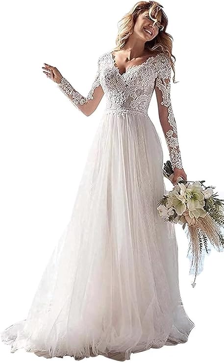 GREOENEL Amor Beach Wedding Dresses for Bride Long Sleeve Lace Boho Bridal Gowns Women Elegant Sexy V Neck Custom Sizes TK-12